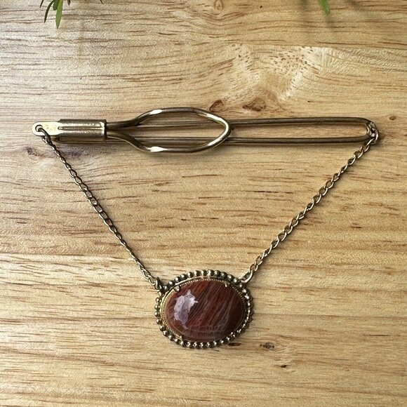 VTG Tie Bar Clip‎ Chain Agatized Arizona Petrified Wood Cabochon Gold Plated 3" - Picture 1 of 7